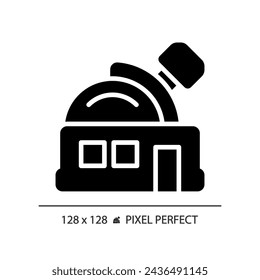 Observatory pixel perfect black glyph icon. Research facility. Space exploration. Astronomy education. Night sky. Silhouette symbol on white space. Solid pictogram. Vector isolated illustration