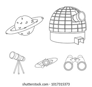 Observatory with radio telescope, planet Mars, Solar system with orbits of planets, telescope on tripod. Space set collection icons in outline style vector symbol stock illustration web.