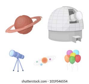 Observatory with radio telescope, planet Mars, Solar system with orbits of planets, telescope on tripod. Space set collection icons in cartoon style vector symbol stock illustration web.