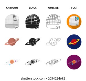 Observatory with radio telescope, planet Mars, Solar system with orbits of planets, telescope on tripod. Space set collection icons in cartoon,black,outline,flat style vector symbol stock illustration