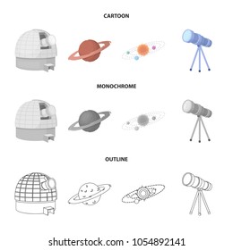 Observatory with radio telescope, planet Mars, Solar system with orbits of planets, telescope on tripod. Space set collection icons in cartoon,outline,monochrome style vector symbol stock illustration
