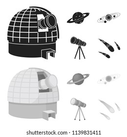 Observatory with radio telescope, planet Mars, Solar system with orbits of planets, telescope on tripod. Space set collection icons in black,monochrom style vector symbol stock illustration web.