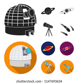 Observatory with radio telescope, planet Mars, Solar system with orbits of planets, telescope on tripod. Space set collection icons in black, flat style vector symbol stock illustration web.