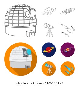Observatory with radio telescope, planet Mars, Solar system with orbits of planets, telescope on tripod. Space set collection icons in outline,flat style vector symbol stock illustration web.