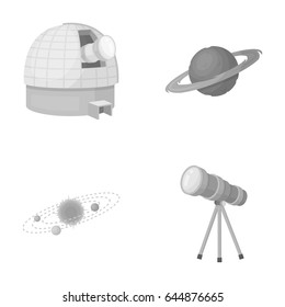 Observatory with radio telescope, planet Mars, Solar system with orbits of planets, telescope on tripod. Space set collection icons in monochrome style vector symbol stock illustration web.