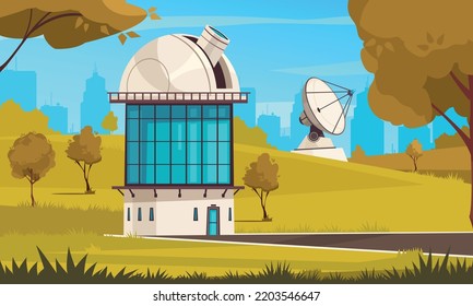 Observatory and research background with planetarium symbols flat vector ilustration