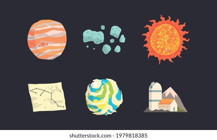 Observatory Station and Solar System Planets and Asteroids Vector Set