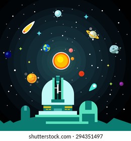 Observatory Station, Solar System With Planets, Comets And Asteroids On The Night Star Sky. Flat Style Vector Background Illustration.