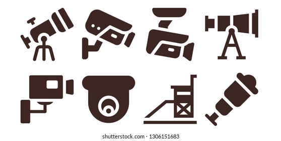 observe icon set. 8 filled observe icons.  Simple modern icons about  - Cctv, Telescope, Vigilance, Spyglass