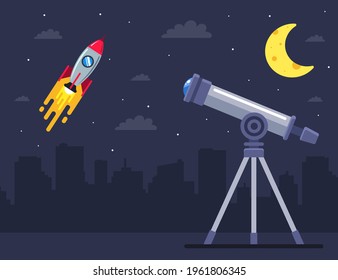 observe the launch of the spaceship with the help of a telescope. flat vector illustration.