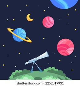 observar el espacio planetario con telescopio con imaginación astronomía científico divertido niños ilustración