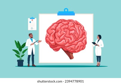 Observar y discutir sobre el cerebro humano. El cerebro humano. Ciencia y medicina. Ilustración vectorial plana