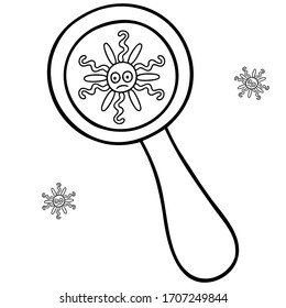 Observing an evil virus through a magnifying glass. Coronavirus, bacterium, microorganism. Coloring book for children. Vector. Contour on an isolated background. Medical topics. Doodle style. Sketch.