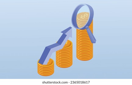 Observing investments and opportunities Magnifying glass to observe and analyze growth trends.on blue background.3D design.isometric vector design Illustration.