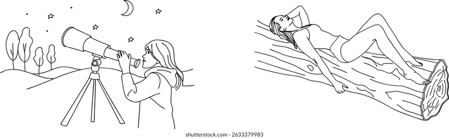 Observing the night sky and resting in nature illustrated in minimalist black line art