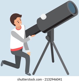 Observando estrellas y planetas en el concepto del cielo. Científico con equipo especial. Descubriendo objetos espaciales con dispositivo de ampliación. Hombre cerca del telescopio. La persona utiliza un dispositivo óptico astronómico