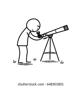 Observing the Stars with a Telescope Doodle, a hand drawn vector doodle cartoon illustration of a stick figure using a telescope.
