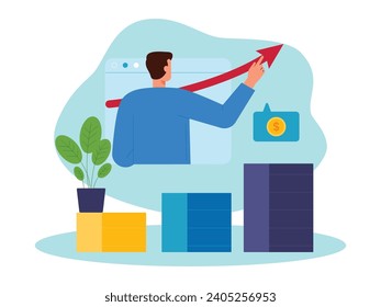 Observar el progreso de los precios de las acciones con un gráfico de barras, ilustración del vector de inversión.
