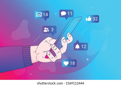 Obsessed with Social Media.  Illustration of hand holding phone with notification bubbles all around, excessive use, time consuming and addiction concept.