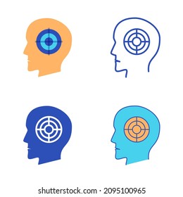 Obsession icon set in flat and line style. Fixated thinking, target symbol in the head. Vector illustration.