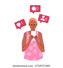 Obsesión con las redes sociales. Navegación constante por las redes sociales, navegación sin sentido. Bloguero fracasado. Pocas vistas y me gusta. Chica con el pelo corto mirando el teléfono, próximos símbolos de las redes sociales.