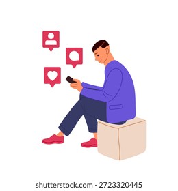 Obsesión con las redes sociales, constante control de likes y comentarios. Hombre joven sentado en otomana y mirando el teléfono. Ilustración vectorial plana para el Sitio web, página de aterrizaje, App móvil, Anuncio, cartel