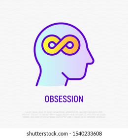 Obsession thin line icon: Infinity symbol in human head. Mental health. Fixated thinking. Modern vector illustration.