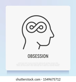 Obsession thin line icon: Infinity symbol in human head. Mental health. Fixated thinking. Modern vector illustration.