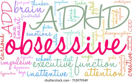 Obsessive ADHD word cloud on a white background. 