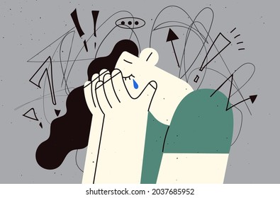 Obsessive compulsive, anxiety disorder concept. Sad young woman cartoon character having restless stressed expression on face and crying of stress vector illustration 