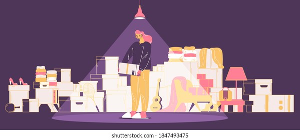 Obsessive compulsive disorder collecting things woman concept illustration. Interior full of boxes, sport equipment and other things and female character with new package