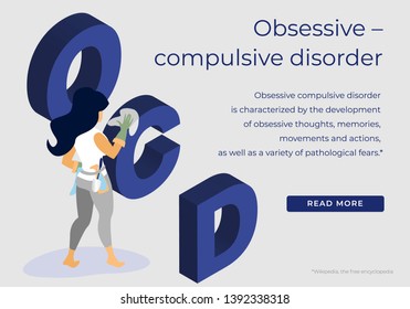 Obsessive Compulsive Disorder Mental Health Illness, Woman Suffering of Ocd Symptom Wear Gloves Washing and Cleaning Everything Around. Mud Phobia. Cartoon Flat Vector Illustration, Horizontal Banner