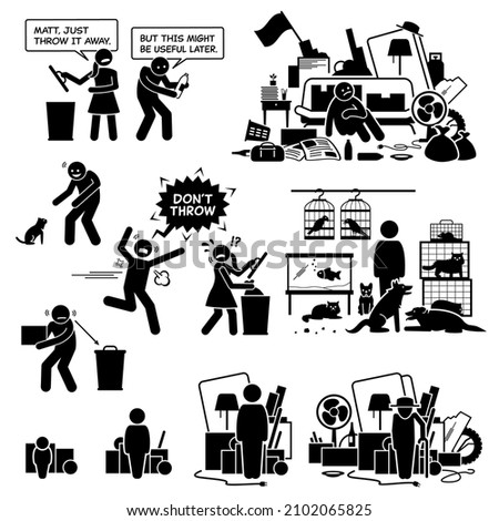 Obsessive compulsive disorder OCD. Hoarder hoarding mental disorder. Vector illustrations of hoarder suffering with hoarding obsessive compulsive disorder OCD by keeping too many things and animals.