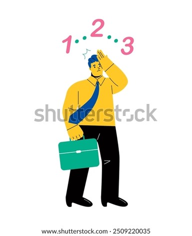 Obsessive compulsive disorder symptoms. Business man fear, has intrusive thoughts and counting. OCD concept. Flat vector illustration isolated on white background