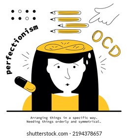 Obsessive compulsive disorder symptoms, fear and intrusive thoughts of perfectionism and letterting OCD. Vector illustration with girl has got neurosis discomfort and panic attack.