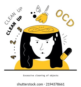 Obsessive compulsive disorder symptoms, fear and intrusive thoughts of excessive cleaning and letterting OCD. Vector illustration with girl has got neurosis discomfort and panic attack.