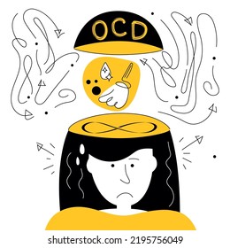 Obsessive compulsive disordeyr Symptoms, intrusive thoughts, fear and neurosis for wash and clean, has panic attack. Vector illustration syndrome OCD of human.