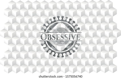 Obsessive grey badge with geometric cube white background