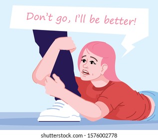 Obsessive love relationship flat vector illustration. Human addiction. Painful separation. Unhealthy family relations. Woman unwilling to let go. Young girl begging boyfriend to stay cartoon character