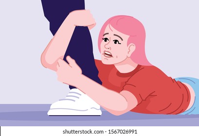 Obsessive relationship flat vector illustration. Human addiction, painful breakup, separation. Girlfriend trying to stop ex boyfriend. Woman suffering from psychological dependence cartoon character