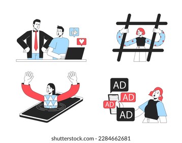 Obsessive social media use line concept vector spot illustration set. Editable 2D flat colour cartoon characters on white for web design. Creative lineart ideas pack for website, mobile, blog