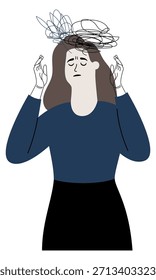 Pensamientos obsesivos. Un problema mental. Dibujo de psicología femenina