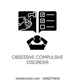 Obsessive-compulsive disorder glyph icon. Disturbed man. Thinking under pressure. Stress, anxiety. Perfectionist. Mental health issues. Silhouette symbol. Negative space. Vector isolated illustration