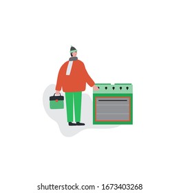 Obsessive-compulsive disorder. Intrusive double-checks. The man repeatedly checks the oven is off. Vector illustration.