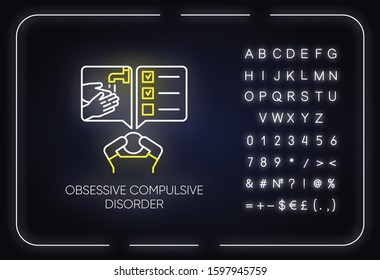 Obsessive-compulsive disorder neon light icon. Disturbed man. Thinking under pressure. Perfectionist. Mental health. Glowing sign with alphabet, numbers and symbols. Vector isolated illustration