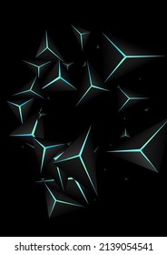 Obsidian Polygon Background Black Vector. Dark Facet Concept. Triangle Royal Backdrop. Blue Neon Edge Illustration.