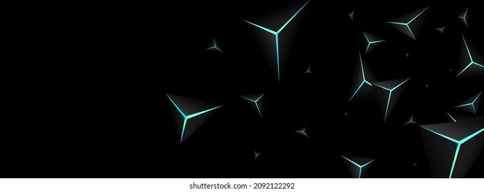 Obsidian Triangular Background Black Vector. Onyx Crystal Fiber. Prism Concept Template. Blue Neon Decorative Card.