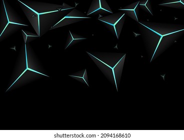 Obsidian Triangular Background Black Vector. Dark Facet Nice. Triangle Geometry Texture. Blue Neon Shape Backdrop.