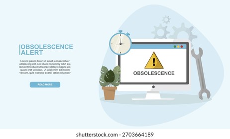Mensaje de alerta de obsolescencia en la pantalla de la computadora con herramientas y temporizador. advertencia de obsolescencia que indica la caducidad del dispositivo y los riesgos de mantenimiento para la electrónica. Anuncio de Profesional. Ilustración vectorial