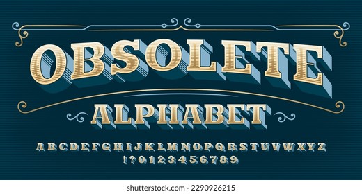 Überholte Schriftart des Alphabets. Vintage Buchstaben und Zahlen. Vektorgrafik für Ihr Typografie-Design.